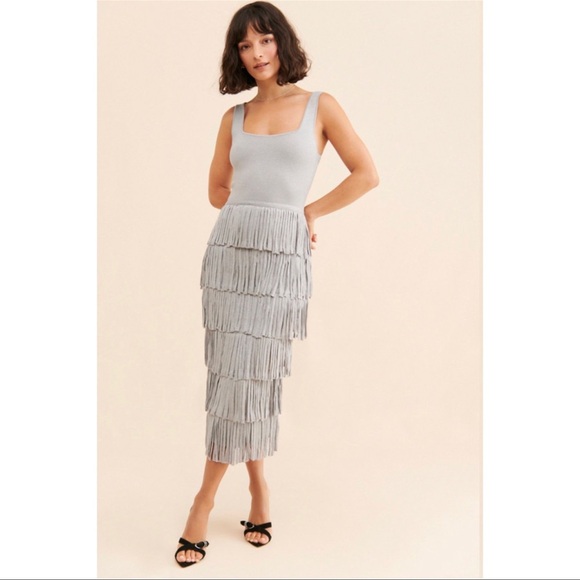 Edgar Fringe Knit Dress Elegant Gray Tiered Fringe Skirt